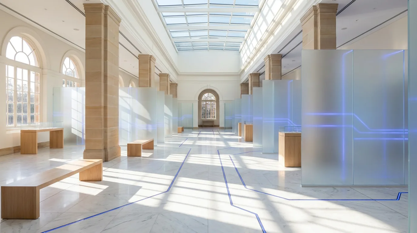 Modern Art Gallery | AHEG Digital A bright art gallery space with marble floors and glass partitions showcases modern interior design.